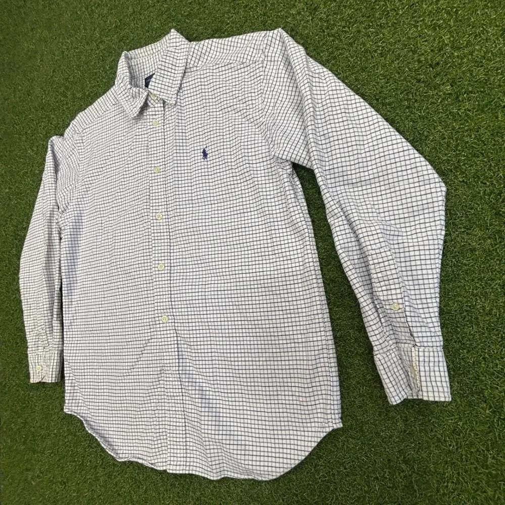 Ralph Lauren Boys Size 18 Blue White Check Long Sleeve Button Down Shirt Cotton